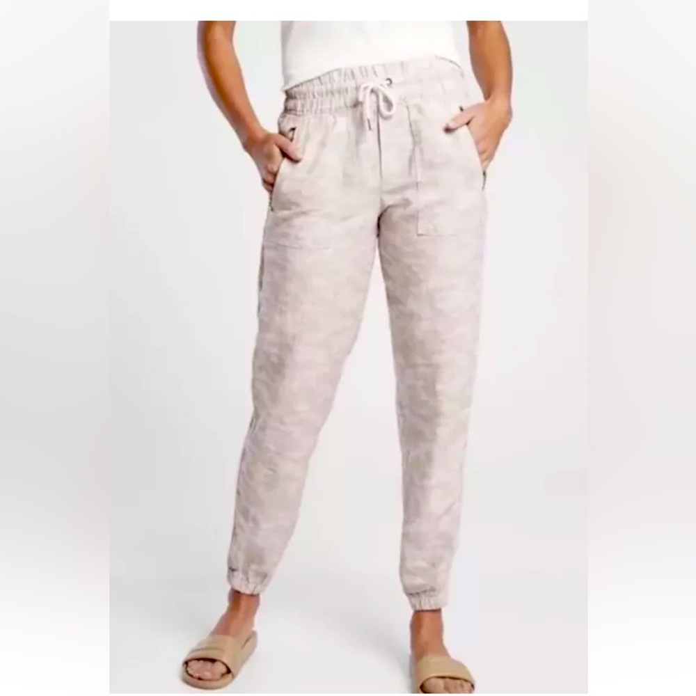 Athleta Cabo Tide Linen Jogger Pants Women’s 16 Neutral Camo Zip Pocket Pants